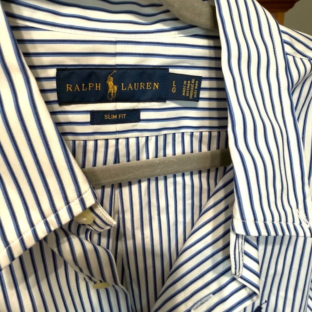 Ralph Lauren Button Down Shirt Striped Large Blue White Slim Fit Long Sleeve - Picture 5 of 6